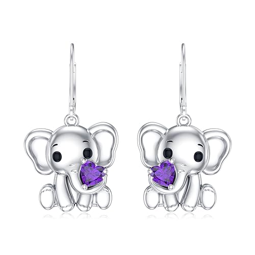 LONAGO Elefant Ohrringe für Frauen 925 Sterling Silber Herz Geschnitten Echten Amethyst mit Elefant Tropfen Dangle Ohrringe von LONAGO