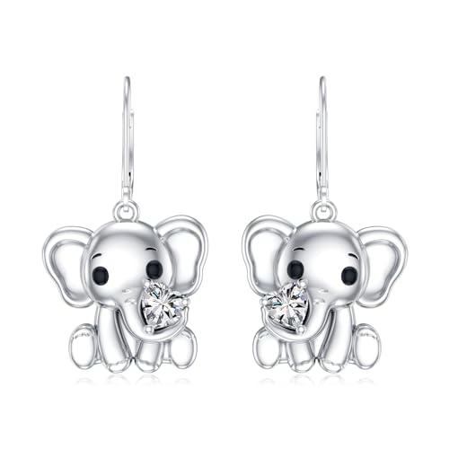 LONAGO Elefant Ohrringe für Frauen 925 Sterling Silber Herz Geschnitten Echtes Weißes Kristall mit Elefant Tropfen Dangle Ohrringe von LONAGO