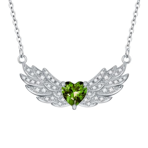 LONAGO Engelsflügel Halskette 925er Sterling Silber 6 mm Herzförmiger Geburtsstein mit Schutzengel Anhänger Halskette für Damen (August) von LONAGO