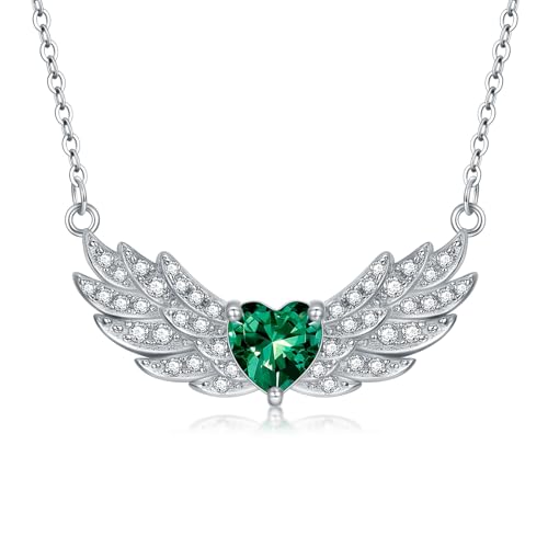 LONAGO Engelsflügel Halskette 925er Sterling Silber 6 mm Herzförmiger Geburtsstein mit Schutzengel Anhänger Halskette für Damen (Mai) von LONAGO