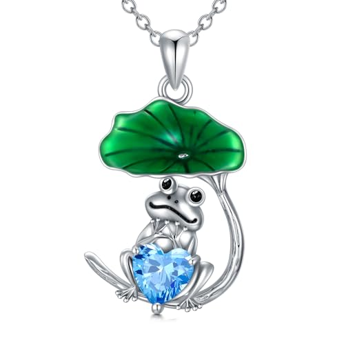 LONAGO Frosch Halskette für Damen 925 Sterling Silber Niedlicher Frosch mit Geburtsstein Anhänger Halskette (März) von LONAGO