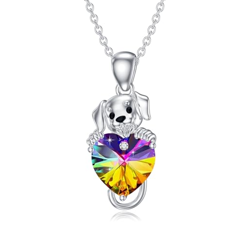 LONAGO Hund Halskette 925er Sterling Silber Niedlicher Hund mit Herz Kristall Anhänger Halskette für Damen (Regenbogen) von LONAGO
