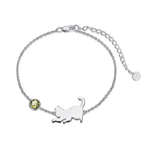 LONAGO Katze Armband 925 Sterling Silber Nette Katze mit Geburtsstein Armband Schmuck für Frauen (August-Peridot) von LONAGO