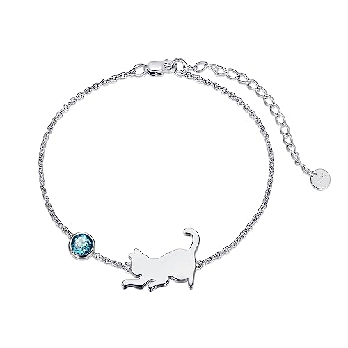 LONAGO Katze Armband 925 Sterling Silber Nette Katze mit Geburtsstein Armband Schmuck für Frauen (Dezember-Blau) von LONAGO