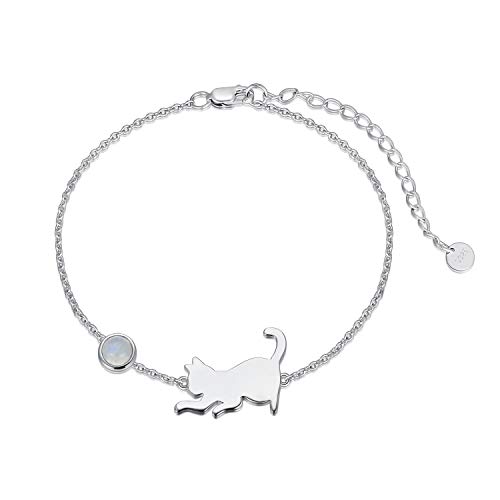 LONAGO Katze Armband 925 Sterling Silber Nette Katze mit Geburtsstein Armband Schmuck für Frauen (Juni-Mondstein) von LONAGO