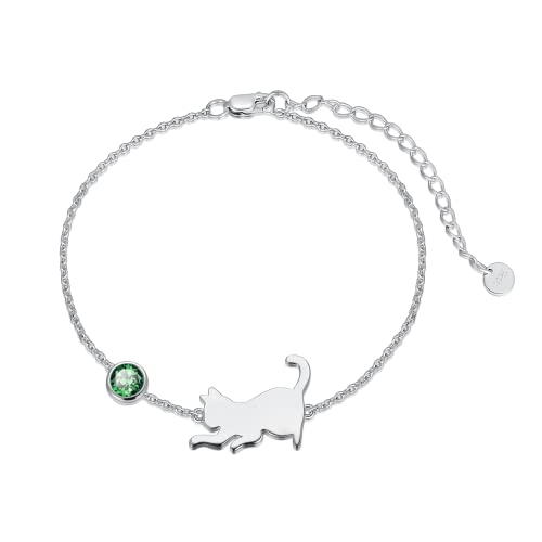 LONAGO Katze Armband 925 Sterling Silber Nette Katze mit Geburtsstein Armband Schmuck für Frauen (Mai-Grün) von LONAGO