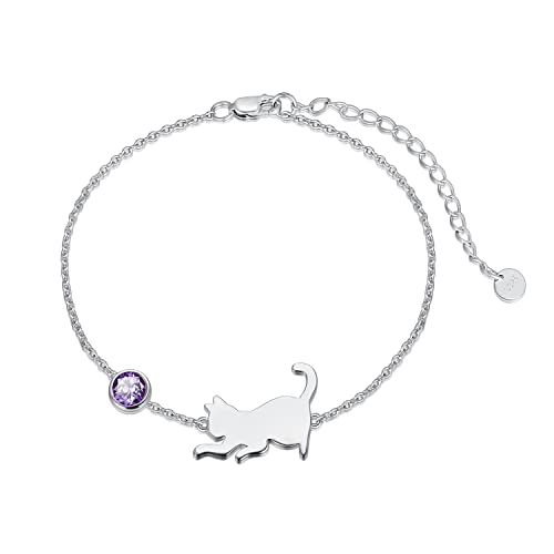 LONAGO Katze Armband 925 Sterling Silber Nette Katze mit Geburtsstein Armband Schmuck für Frauen (Februar-Lila) von LONAGO