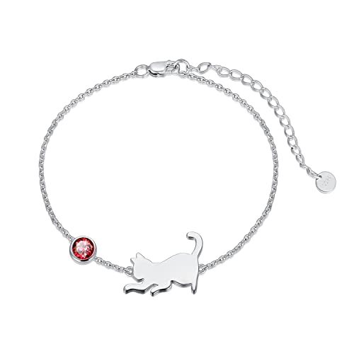 LONAGO Katze Armband 925 Sterling Silber Nette Katze mit Geburtsstein Armband Schmuck für Frauen (Januar-Rot) von LONAGO