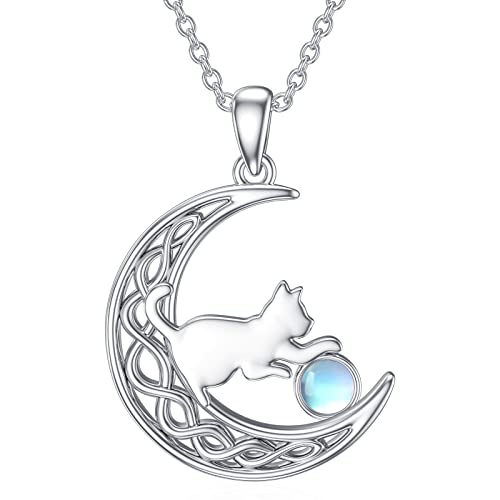 LONAGO Katze Halskette 925 Sterling Silber Erstellt Mondstein mit Katze im Mond Anhänger Halskette Schmuck für Frauen von LONAGO