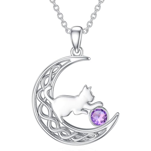 LONAGO Katze Halskette 925 Sterling Silber Geburtsstein mit Katze im Mond Anhänger Halskette Schmuck für Frauen （Februar） von LONAGO