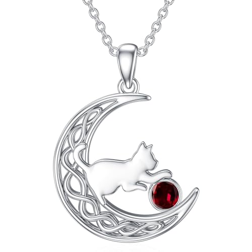 LONAGO Katze Halskette 925 Sterling Silber Geburtsstein mit Katze im Mond Anhänger Halskette Schmuck für Frauen （Januar） von LONAGO