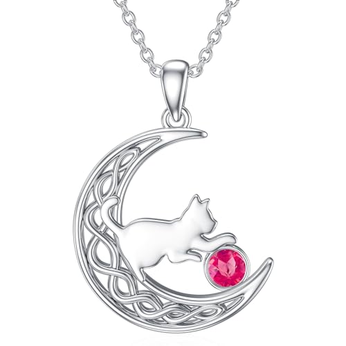 LONAGO Katze Halskette 925 Sterling Silber Geburtsstein mit Katze im Mond Anhänger Halskette Schmuck für Frauen （Juli） von LONAGO