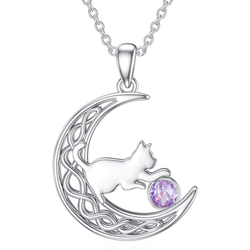 LONAGO Katze Halskette 925 Sterling Silber Geburtsstein mit Katze im Mond Anhänger Halskette Schmuck für Frauen (Juni) von LONAGO