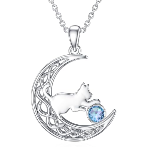 LONAGO Katze Halskette 925 Sterling Silber Geburtsstein mit Katze im Mond Anhänger Halskette Schmuck für Frauen （März） von LONAGO