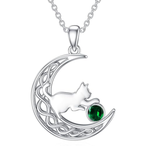 LONAGO Katze Halskette 925 Sterling Silber Geburtsstein mit Katze im Mond Anhänger Halskette Schmuck für Frauen （Mai） von LONAGO