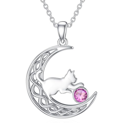 LONAGO Katze Halskette 925 Sterling Silber Geburtsstein mit Katze im Mond Anhänger Halskette Schmuck für Frauen （Oktober） von LONAGO