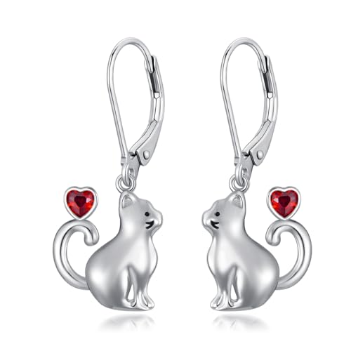 LONAGO Katze Ohrringe für Frauen 925 Sterling Silber Nette Katze mit Rotem Herz Dangle Ohrringe von LONAGO