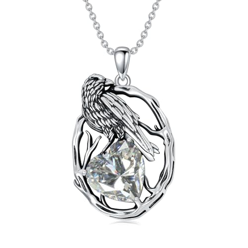 LONAGO Krähe Halskette 925 Sterling Silber Rabe mit Herzförmiger Geburtsstein Anhänger Halskette für Frauen (April) von LONAGO