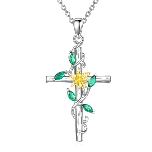 LONAGO Lilien Blüten Halskette 925er Sterlingsilber Lilien Blüte mit Kreuz Anhänger Halskette für Damen von LONAGO