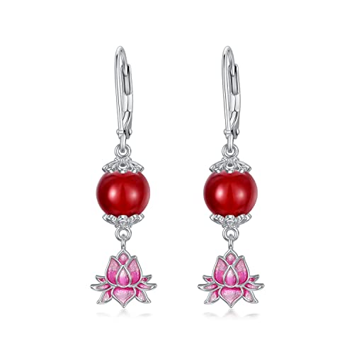 LONAGO Lotus Blume Ohrringe 925 Sterling Silber Echte Rote Achat Dangle Ohrringe für Frauen von LONAGO