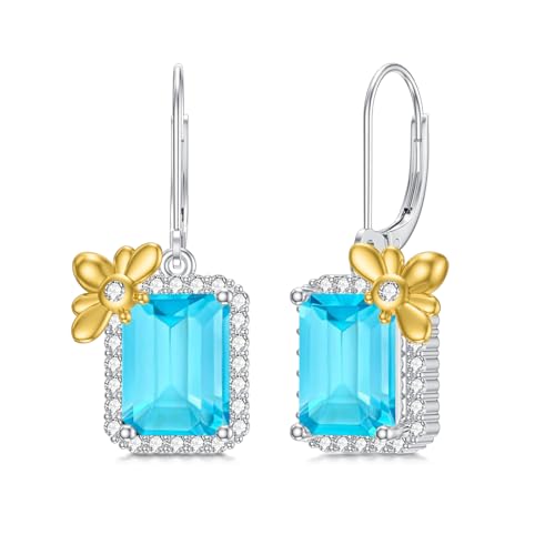 LONAGO März Geburtsstein Ohrringe 925 Sterling Silber Biene mit Erstellt Schweizer Blau Topas Dangle Drop Ohrringe für Frauen von LONAGO