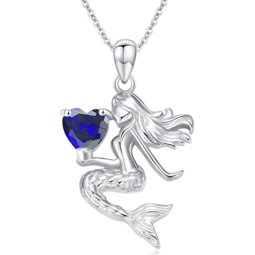 LONAGO Meerjungfrau Halskette für Damen 925er Sterling Silber Meerjungfrau mit Herzgeschliffenem Geburtsstein Anhänger Halskette (September) von LONAGO