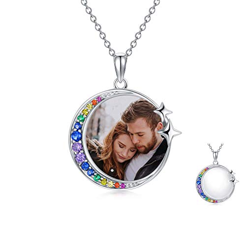 LONAGO Personalisierte Foto Halskette 925 Sterling Silber Mondförmige Benutzerdefinierte Bild Anhänger Halskette Schmuck für Frauen (Moon and star) von LONAGO