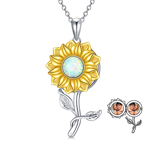 LONAGO Personalisierte Foto Medaillon Halskette 925 Sterling Silber Sonnenblumen Medaillon die Bilder Anhänger Schmuck für Frauen Hält (Medaillon+Personalisiertes Foto) von LONAGO