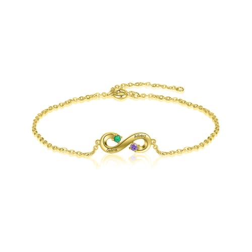 LONAGO Personalisierte Name Armband für Frauen 925 Sterling Silber Unendlich Geformt Benutzerdefinierte Gravierte Zwei Namen mit Geburtssteine Armband (Stil 1-Gelbgold) von LONAGO