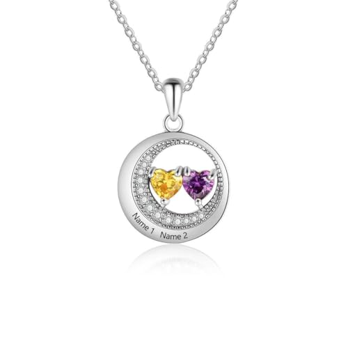 LONAGO Personalisierte Name Halskette 925 Sterling Silber Graviert Zwei Namen mit Geburtsstein Anhänger Halskette für Frauen (Weißgold) von LONAGO