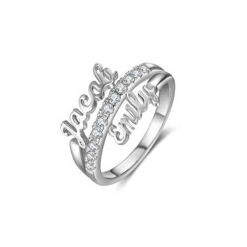 LONAGO Personalisierte Zwei Namen Ring für Frauen 925 Sterling Silber Benutzerdefinierte Name Band Ring für Verlobung （Weißgold） von LONAGO