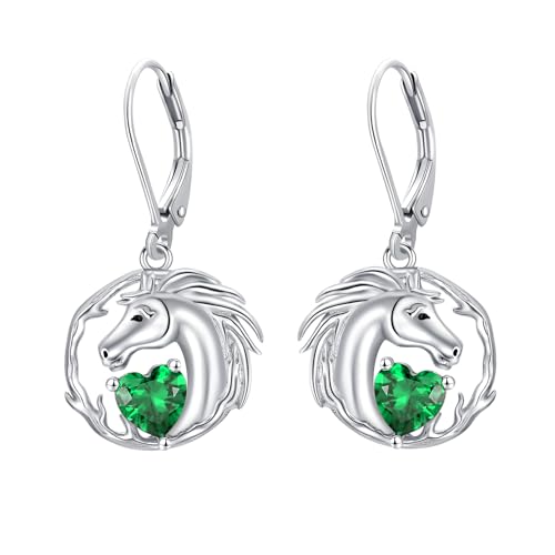 LONAGO Pferd Ohrringe für Damen 925 Sterling Silber Pferd mit Herzförmigem Geburtsstein Tropfen Ohrringe (Mai) von LONAGO