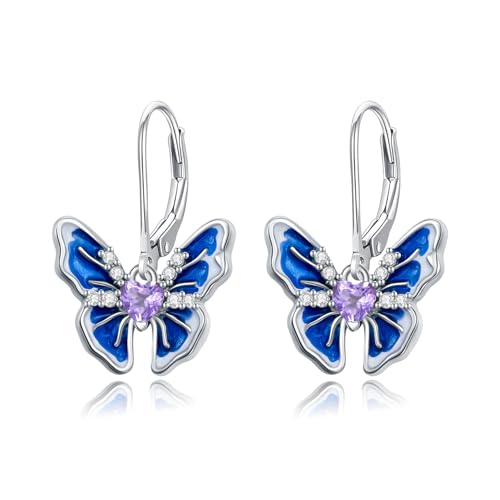 LONAGO Schmetterling Ohrringe für Damen 925er Sterlingsilber Blauer Schmetterling mit Herz Geburtsstein Tropfen Ohrringe (Juni) von LONAGO