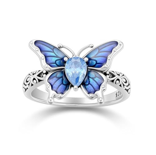 LONAGO Schmetterling Ring für Damen 925er Sterlingsilber Blauer Schmetterling mit Vintage Filigranem Ring (16.5) von LONAGO