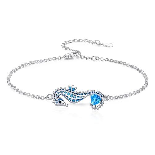 LONAGO Seepferdchen Armband 925 Sterling Silber Blaues Seepferdchen mit Herz Geburtsstein Armband für Damen von LONAGO