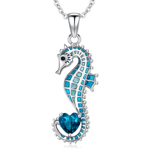 LONAGO Seepferdchen Halskette für Damen 925er Sterling Silber Blaues Seepferdchen mit Herzförmigem Geburtsstein Anhänger Halskette (Dezember) von LONAGO