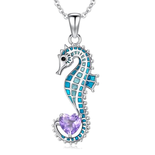 LONAGO Seepferdchen Halskette für Damen 925er Sterling Silber Blaues Seepferdchen mit Herzförmigem Geburtsstein Anhänger Halskette (Juni) von LONAGO