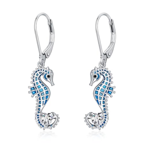 LONAGO Seepferdchen Ohrringe 925 Sterling Silber Blaues Seepferdchen mit Geburtsstein Anhänger Ohrringe für Damen (April) von LONAGO