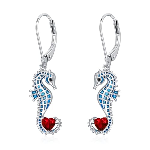 LONAGO Seepferdchen Ohrringe 925 Sterling Silber Blaues Seepferdchen mit Geburtsstein Anhänger Ohrringe für Damen (Januar) von LONAGO