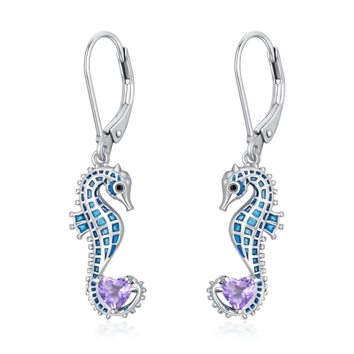 LONAGO Seepferdchen Ohrringe 925 Sterling Silber Blaues Seepferdchen mit Geburtsstein Anhänger Ohrringe für Damen (Juni) von LONAGO