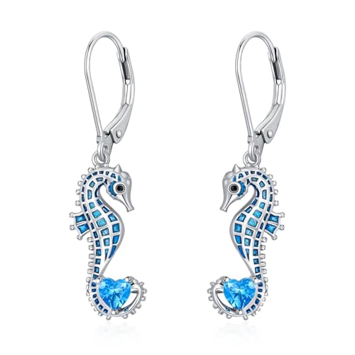 LONAGO Seepferdchen Ohrringe 925 Sterling Silber Blaues Seepferdchen mit Geburtsstein Anhänger Ohrringe für Damen (März) von LONAGO