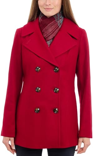 LONDON FOG Damen Double Breasted Peacoat with Scarf Caban-Jacke, Rot/Ausflug, einfarbig (Getaway Solids), S von LONDON FOG
