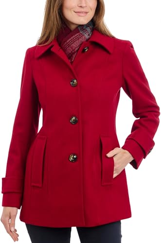 LONDON FOG Damen Einreihiger Mantel aus Wollmischung mit Schal Pijacke, Rot/Ausflug, einfarbig (Getaway Solids), S von LONDON FOG