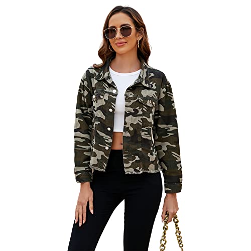 LONGBIDA Damen Jeansjacke ausgefranst Washed Button Up Cropped Denim Jacke mit Taschen, N-camouflage, Small von LONGBIDA