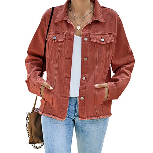 LONGBIDA Damen Jeansjacke ausgefranst Washed Button Up Cropped Denim Jacke mit Taschen, Y-Orange, X-Large von LONGBIDA