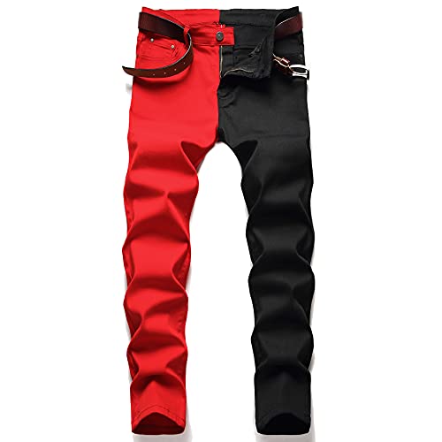 LONGBIDA Herren Slim Fit Skinny Jeans zweifarbig Patchwork Designer Stretch Regular Denim Hose, Schwarz Rot, 52 von LONGBIDA