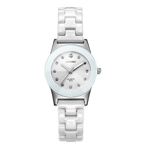 LONGBO Luxuriöse Damen-Armbanduhr mit Keramikarmband, Strass, analog, Quarz, weißes Jade-Gehäuse, Armbanduhr, modische Kristall-Akzente, Paar-Uhren für Damen von LONGBO
