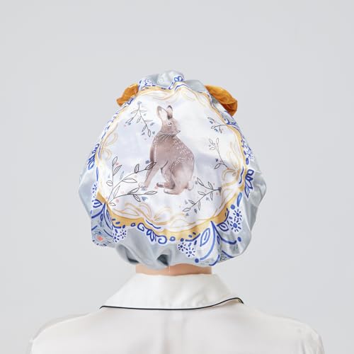 Longdon Homeone Duschhauben für Frauen, mit einer Vielzahl von Mustern, Schleifen-Design, große Größe, wasserdichte Badekappen für langes Haar, mit doppellagigem Satin & EVA-Gewebe (Kaninchen) von LONGDON HOMEONE