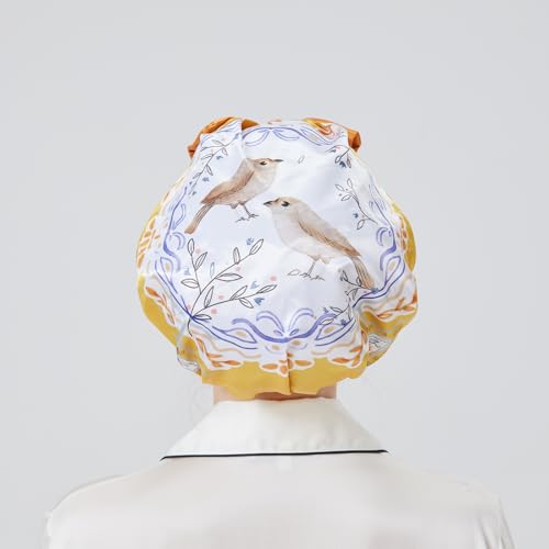 Longdon Homeone Duschhauben für Frauen, mit einer Vielzahl von Mustern, Schleifen-Design, große Größe, wasserdichte Badekappen für langes Haar, mit doppellagigem Satin & EVA-Gewebe (Vogel) von LONGDON HOMEONE