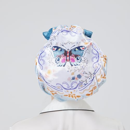 Longdon Homeone Duschhauben für Frauen, mit einer Vielzahl von Mustern, Schleifen-Design, große Größe, wasserdichte Badekappen für langes Haar, mit doppellagigem Satin & EVA-Gewebe (Schmetterling) von LONGDON HOMEONE